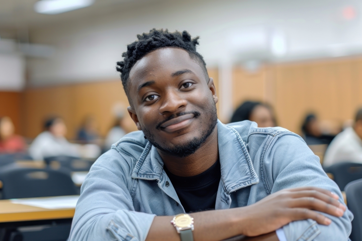 Young student black man in classroom wristwatch furniture person.